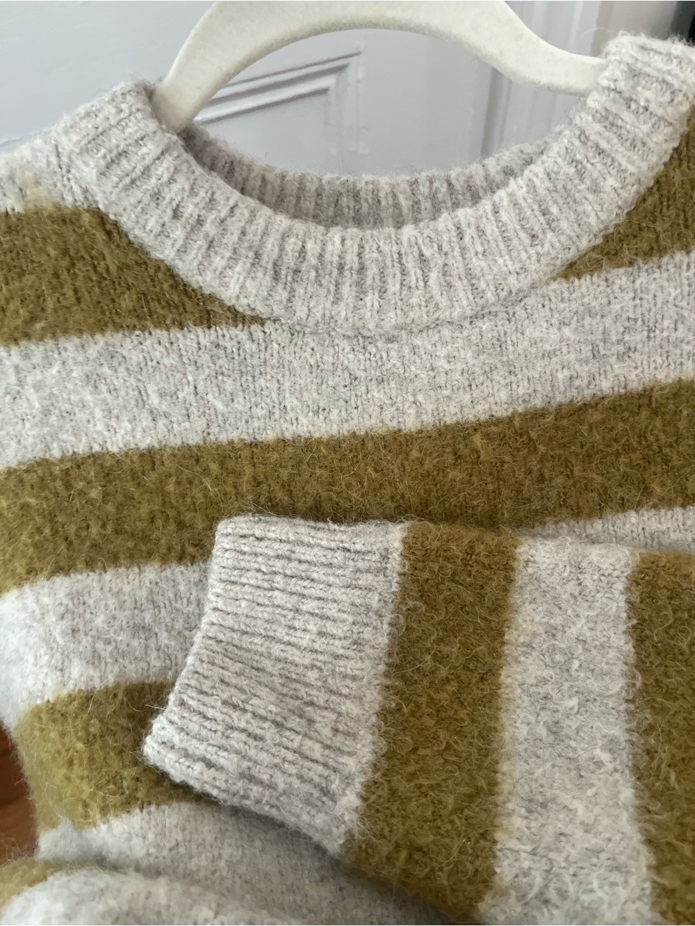 ZARA Alpaca Wool Blend Striped Sweater in Olive & Cream Medium